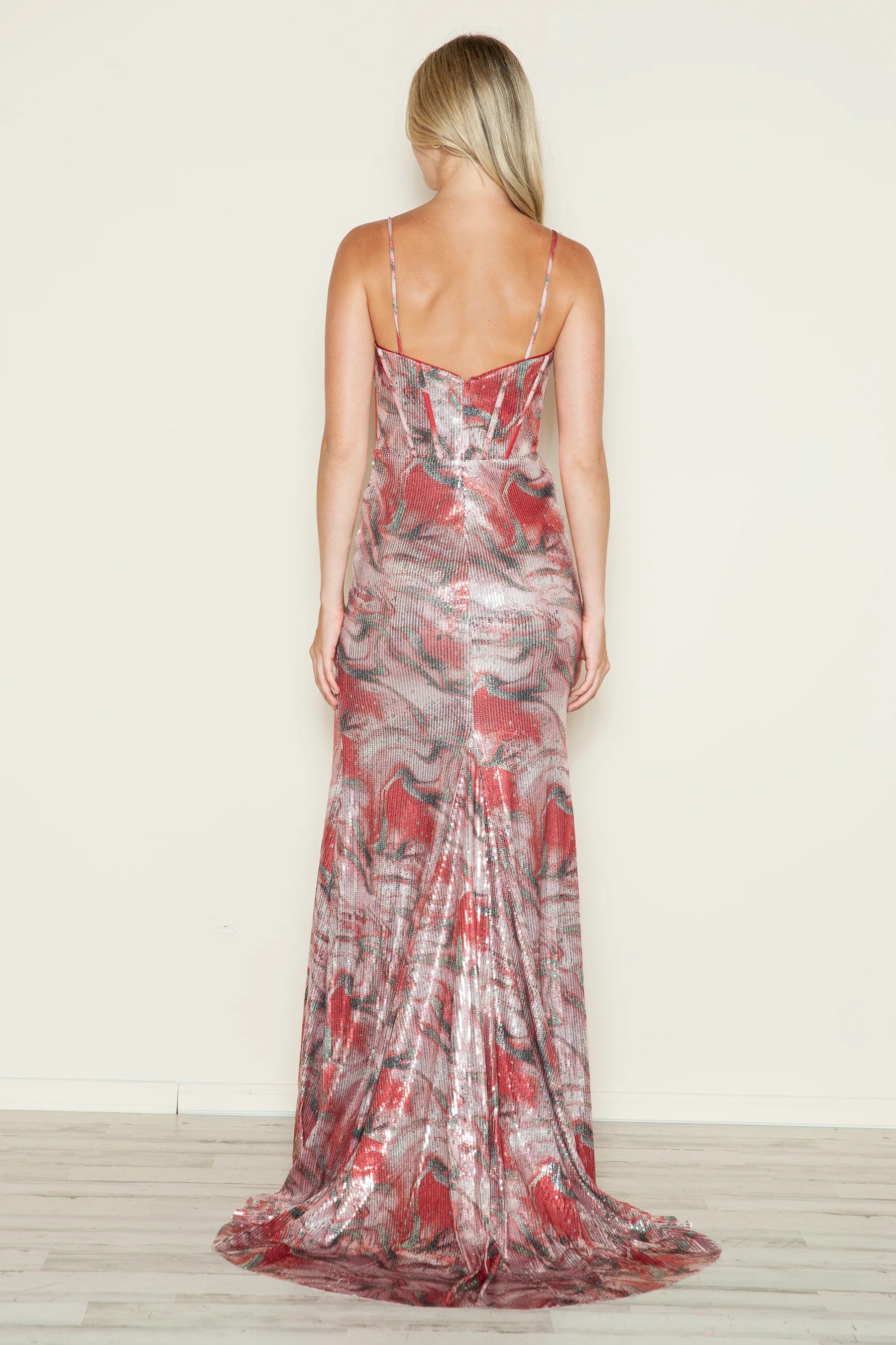 Poly USA 9442 Fitted Long Formal Sequin Print Prom Dress
