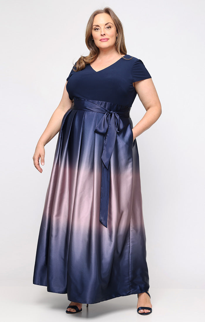 Navy/Mauve V-Neck Floor-Length Satin Ombre Formal Dress with Pockets SL Fashions 9450133