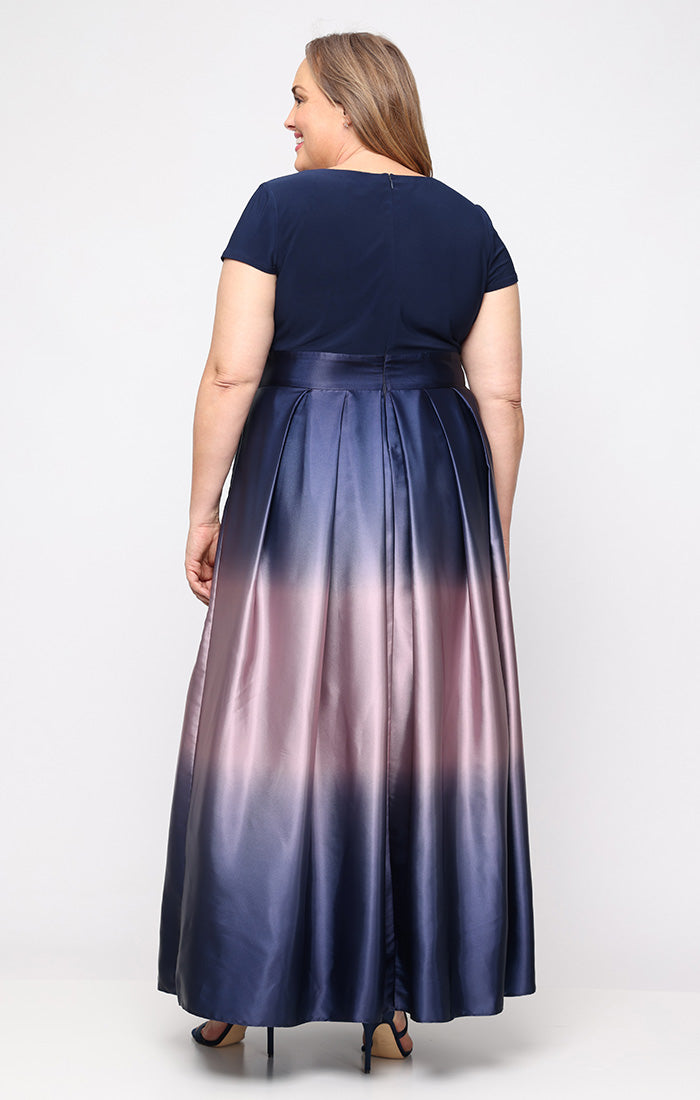 Navy/Mauve V-Neck Floor-Length Satin Ombre Formal Dress with Pockets SL Fashions 9450133