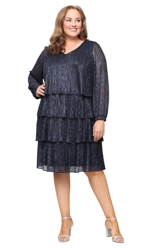 SL Fashions 9455249 Short Metallic Plus Size Long Sleeve Cocktail Dress