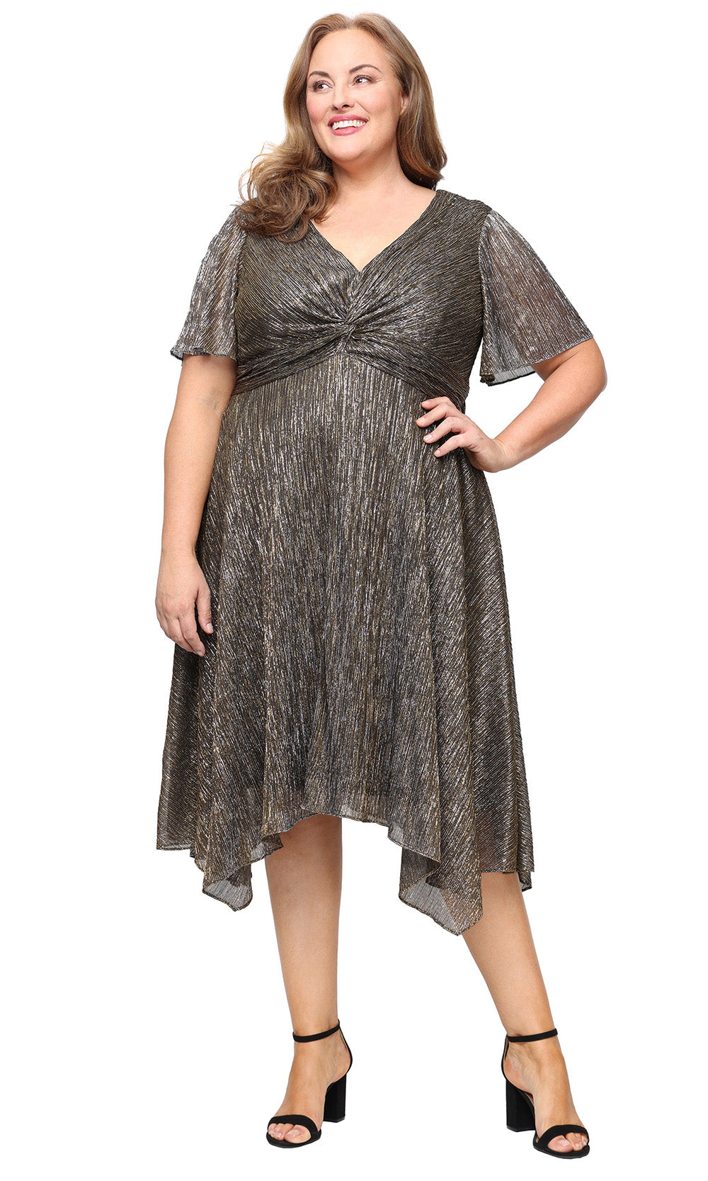 Plus Size Dresses Metallic Short Plus Size A Line Midi Length Dress BLACK GOLD
