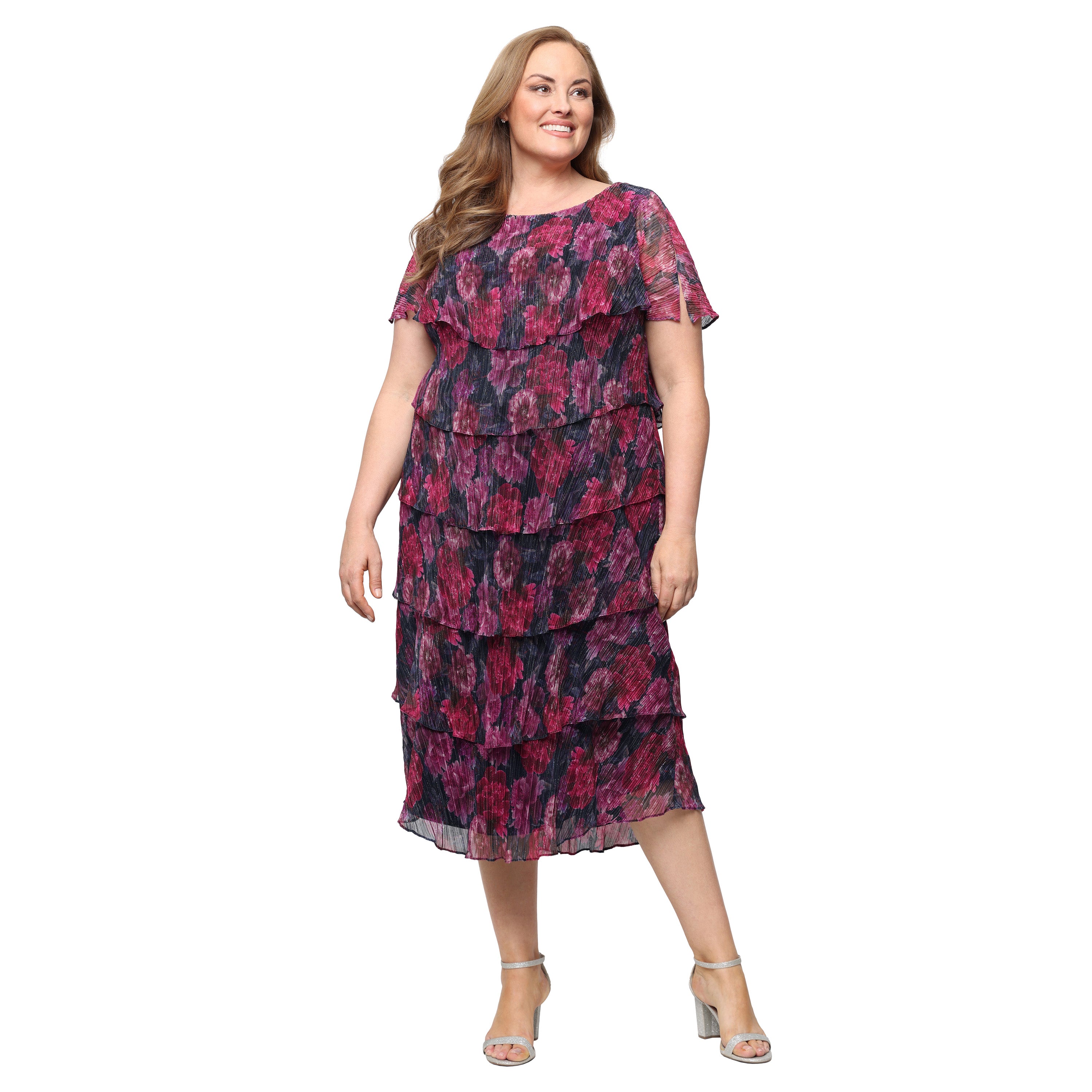 Pink Multi SL Fashions 9455295 Scoop Midi Chiffon Cocktail Dress Pleated