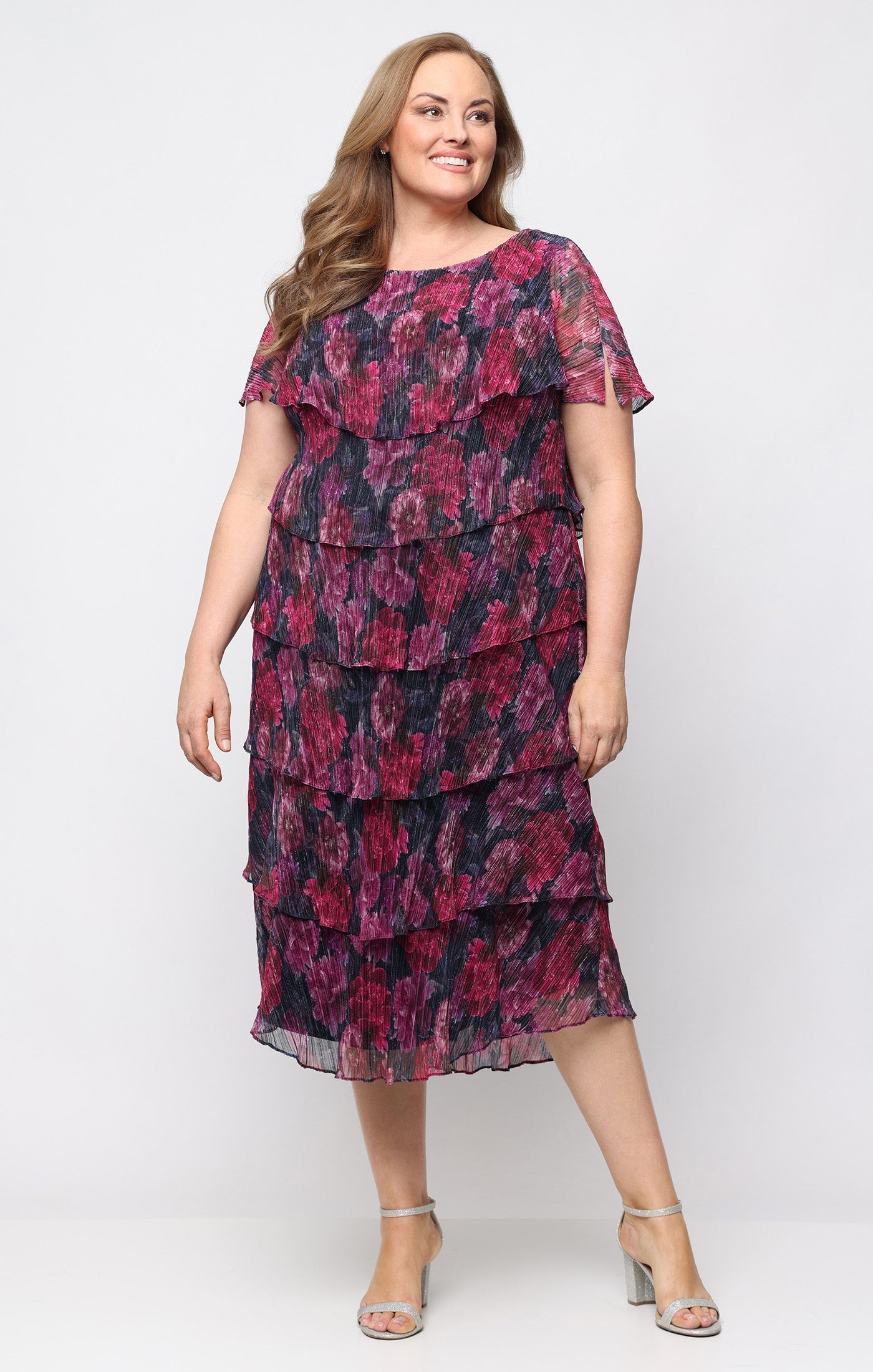 Pink Multi SL Fashions 9455295 Scoop Midi Chiffon Cocktail Dress Pleated