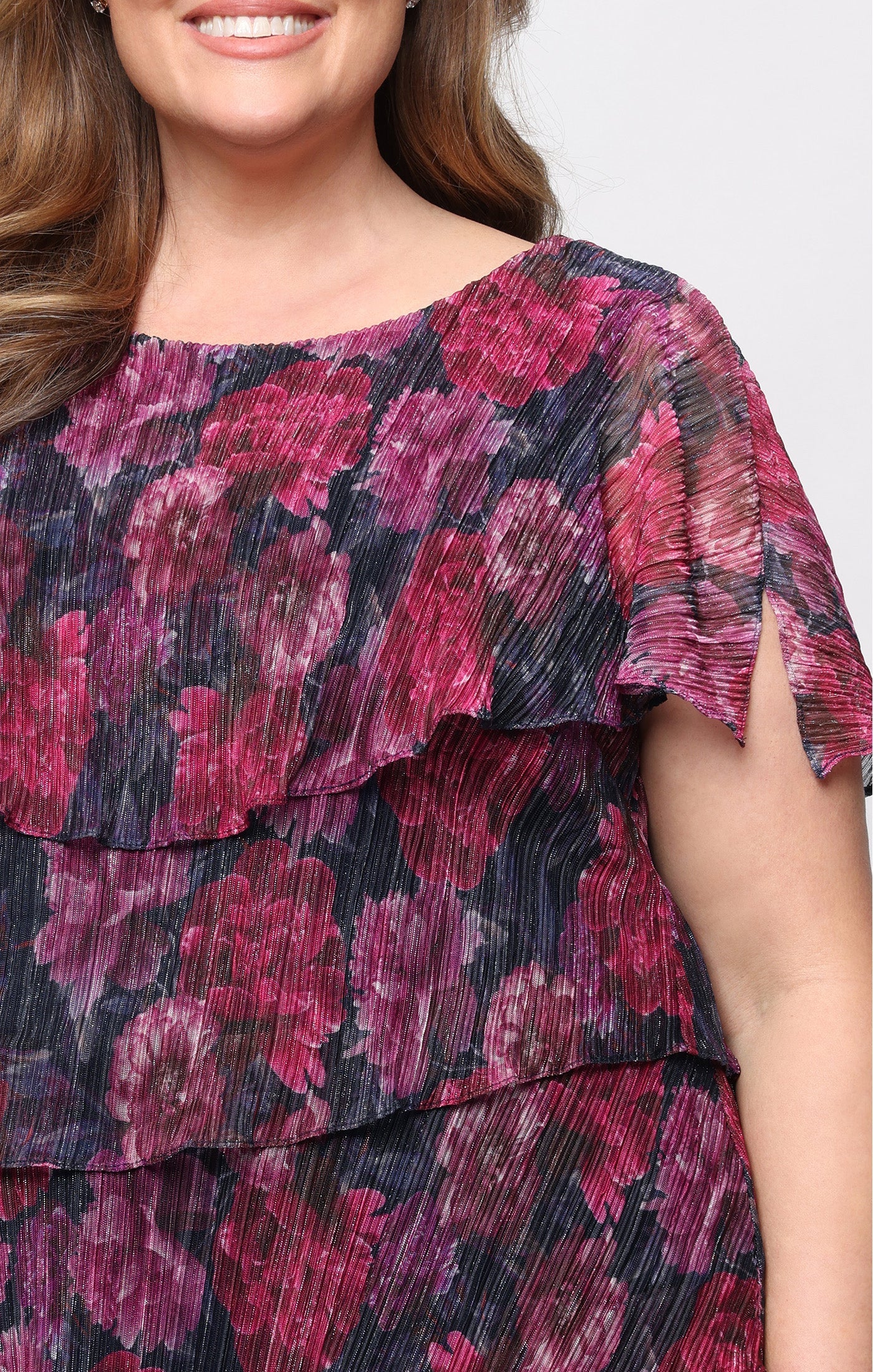 Pink Multi SL Fashions 9455295 Scoop Midi Chiffon Cocktail Dress Pleated
