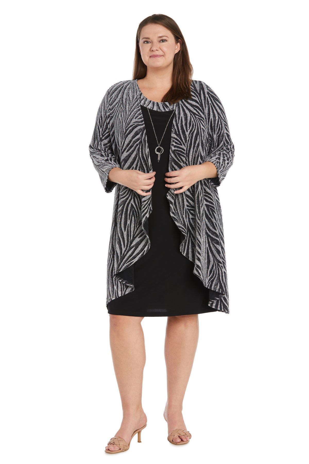 Plus Size Dresses Short Cocktail Long Sleeve Plus Size Dress R&M Richards 9457W Black/Silver