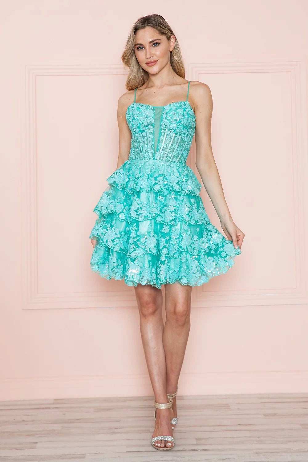 Poly USA 9468 Homecoming Short Applique A Line Tiered Cocktail Dress