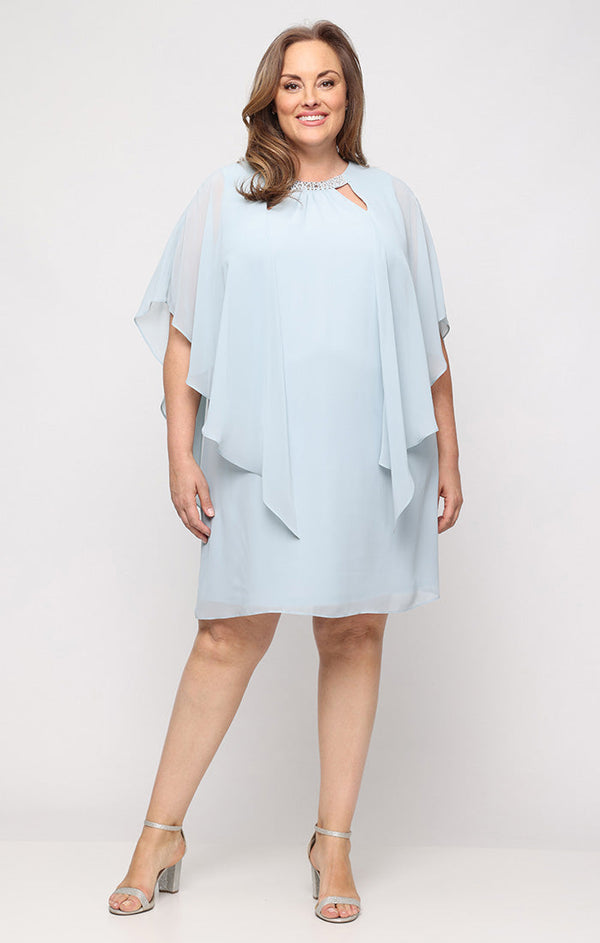 SL Fashions 9470700 Jewel Neck Knee-Length Chiffon Cocktail Capelet Dress