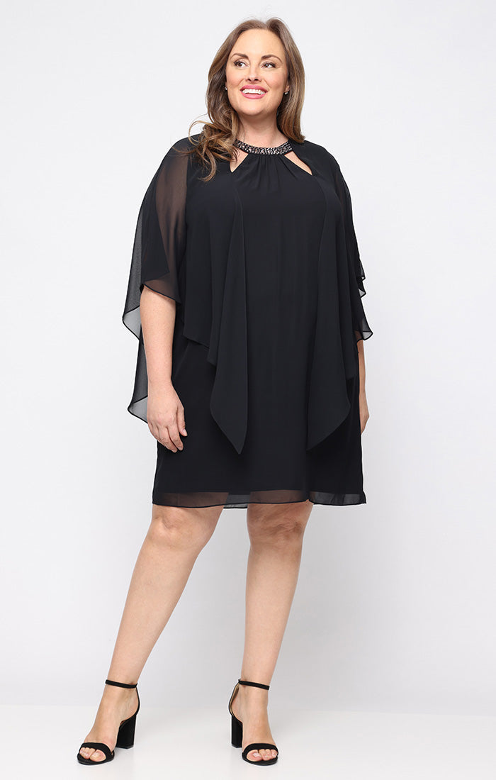 Black SL Fashions 9470700 Jewel Neck Knee-Length Chiffon Cocktail Capelet Dress