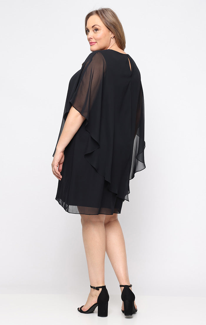 Black SL Fashions 9470700 Jewel Neck Knee-Length Chiffon Cocktail Capelet Dress