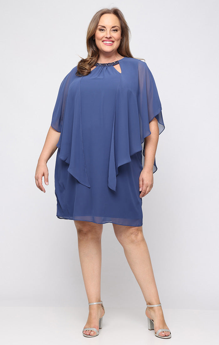Wedgewood SL Fashions 9470700 Jewel Neck Knee-Length Chiffon Cocktail Capelet Dress