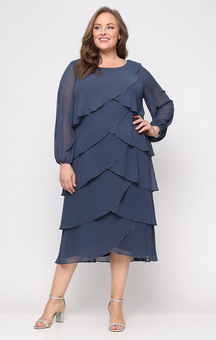 Slate Scoop Tea-Length Chiffon Cocktail Dress with Tiered Ruffles SL Fashions 9470731