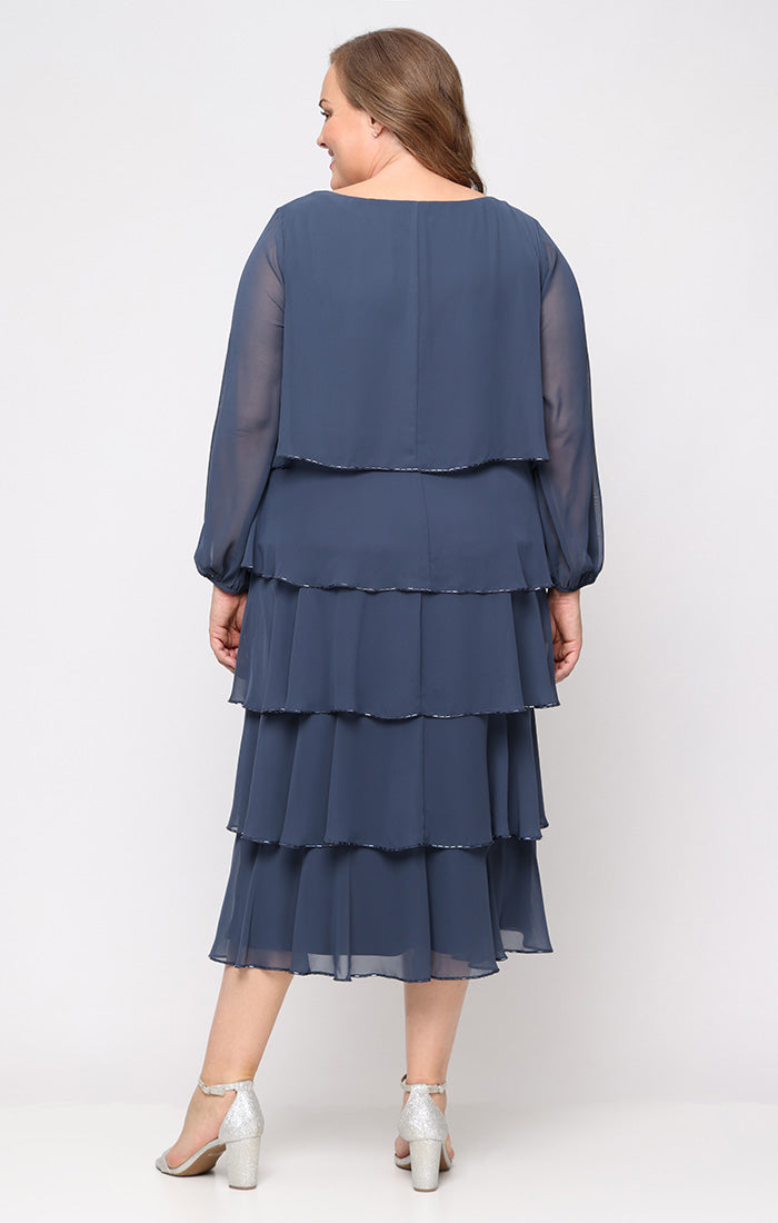 Slate Scoop Tea-Length Chiffon Cocktail Dress with Tiered Ruffles SL Fashions 9470731