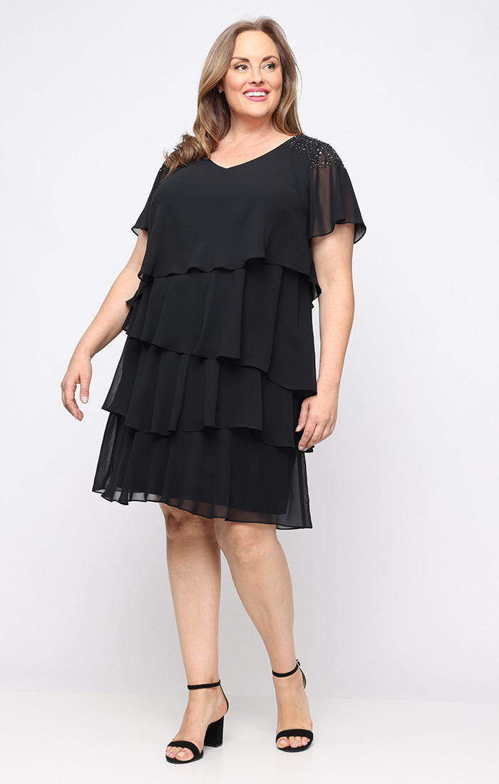 Black SL Fashions 9470745 V-Neck Knee-Length Chiffon Cocktail Tiered Dress