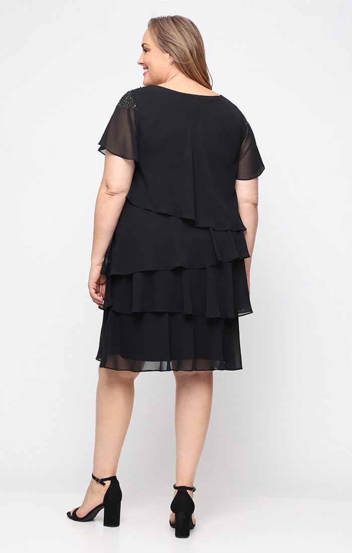 Black SL Fashions 9470745 V-Neck Knee-Length Chiffon Cocktail Tiered Dress