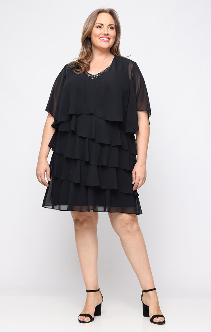 Black SL Fashions 9470750 V-Neck Knee-Length Chiffon Tiered Cocktail Dress Beaded