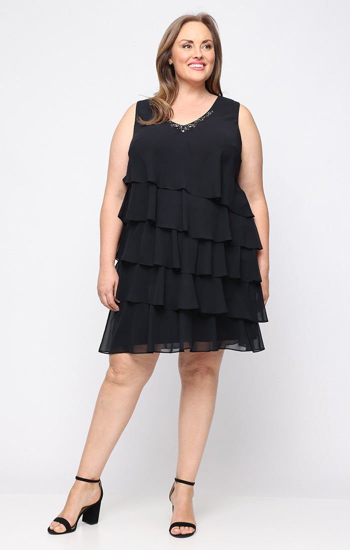 Black SL Fashions 9470750 V-Neck Knee-Length Chiffon Tiered Cocktail Dress Beaded