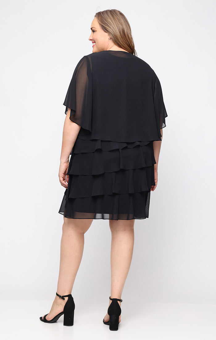 Black SL Fashions 9470750 V-Neck Knee-Length Chiffon Tiered Cocktail Dress Beaded