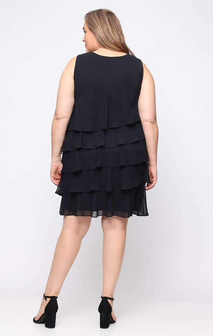 Black SL Fashions 9470750 V-Neck Knee-Length Chiffon Tiered Cocktail Dress Beaded