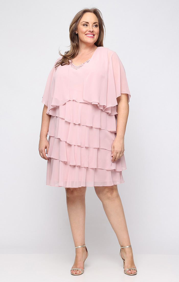 Faded Rose SL Fashions 9470750 V-Neck Knee-Length Chiffon Tiered Cocktail Dress Beaded