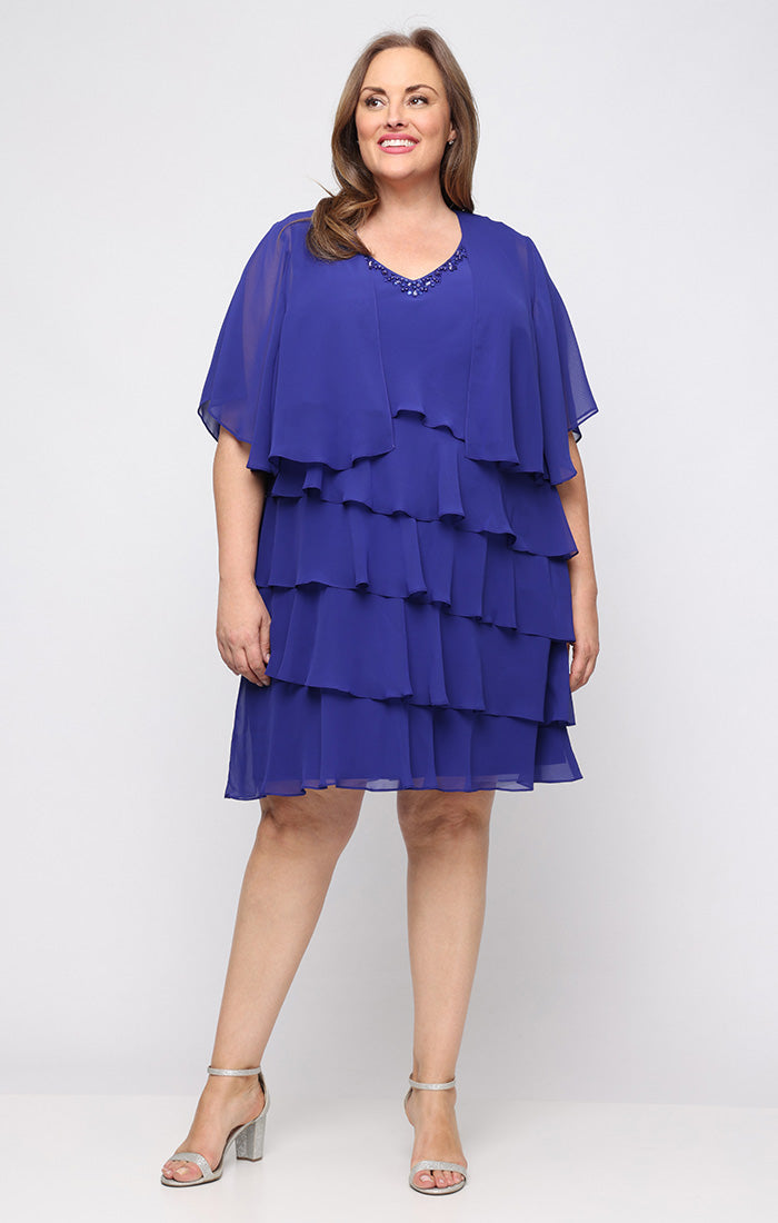 Iris SL Fashions 9470750 V-Neck Knee-Length Chiffon Tiered Cocktail Dress Beaded