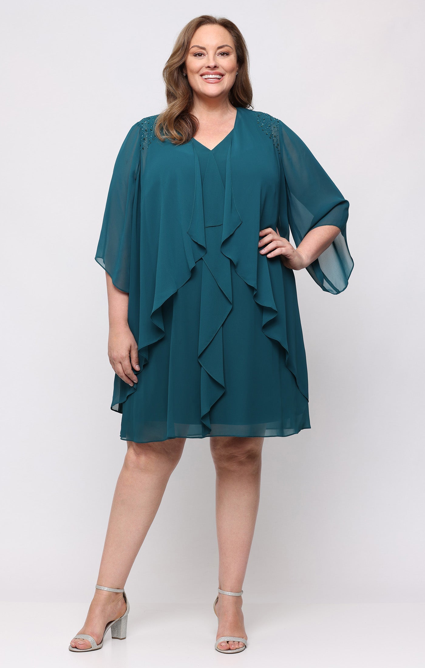 Mallard SL Fashions 9470761 V-Neck Knee-Length Chiffon Cocktail Dress Beaded