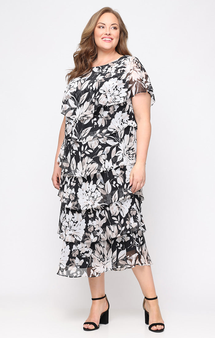 Plus Size Dresses Plus Size Printed Cocktail Midi Length Dress BLACK MULTI