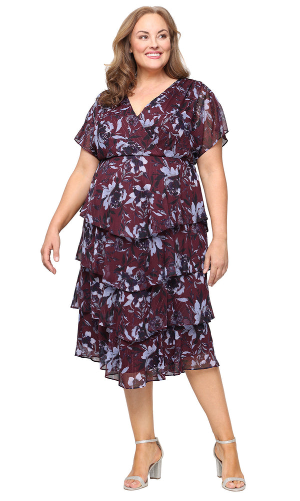 SL Fashions 9472147 Plus Size Tiered Printed Tea Length Dress