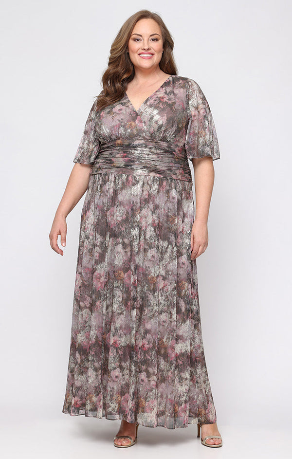 SL Fashions 9479476 Long Metallic Formal Printed Plus Size Dress