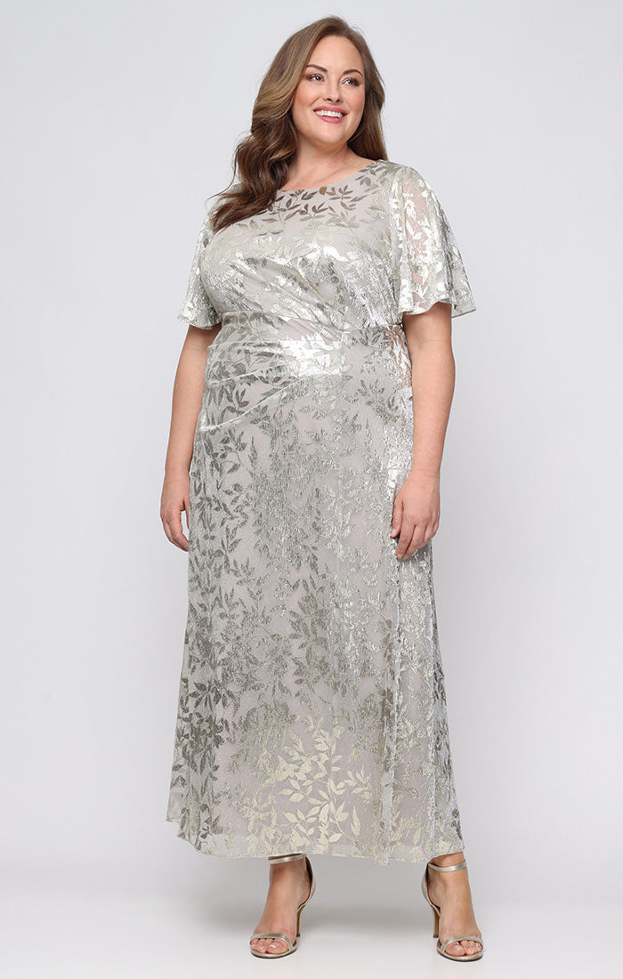 Buff SL Fashions 9479492 Round Neck Floor-Length Metallic Evening Dress Floral