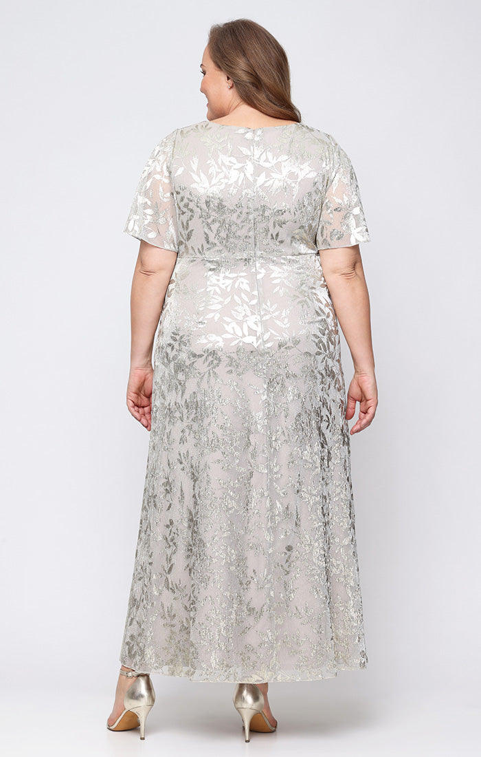 Buff SL Fashions 9479492 Round Neck Floor-Length Metallic Evening Dress Floral