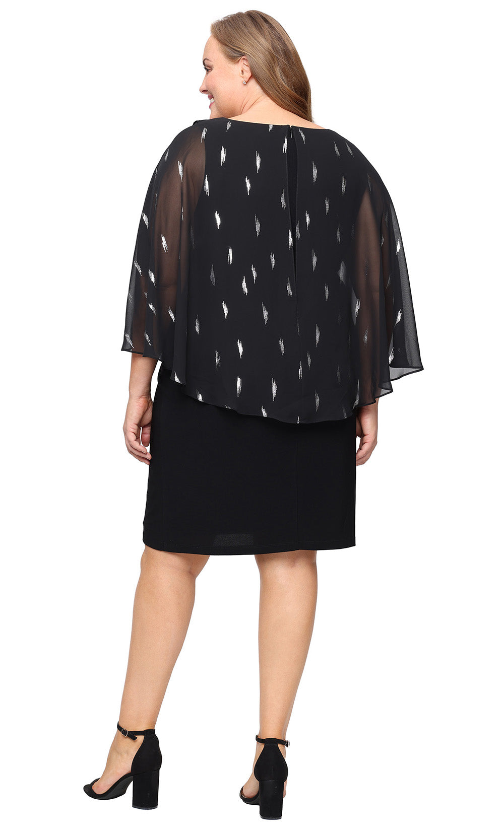 Plus Size Dresses Short Printed Plus Size Capelet Knee Length Dress Black Silver