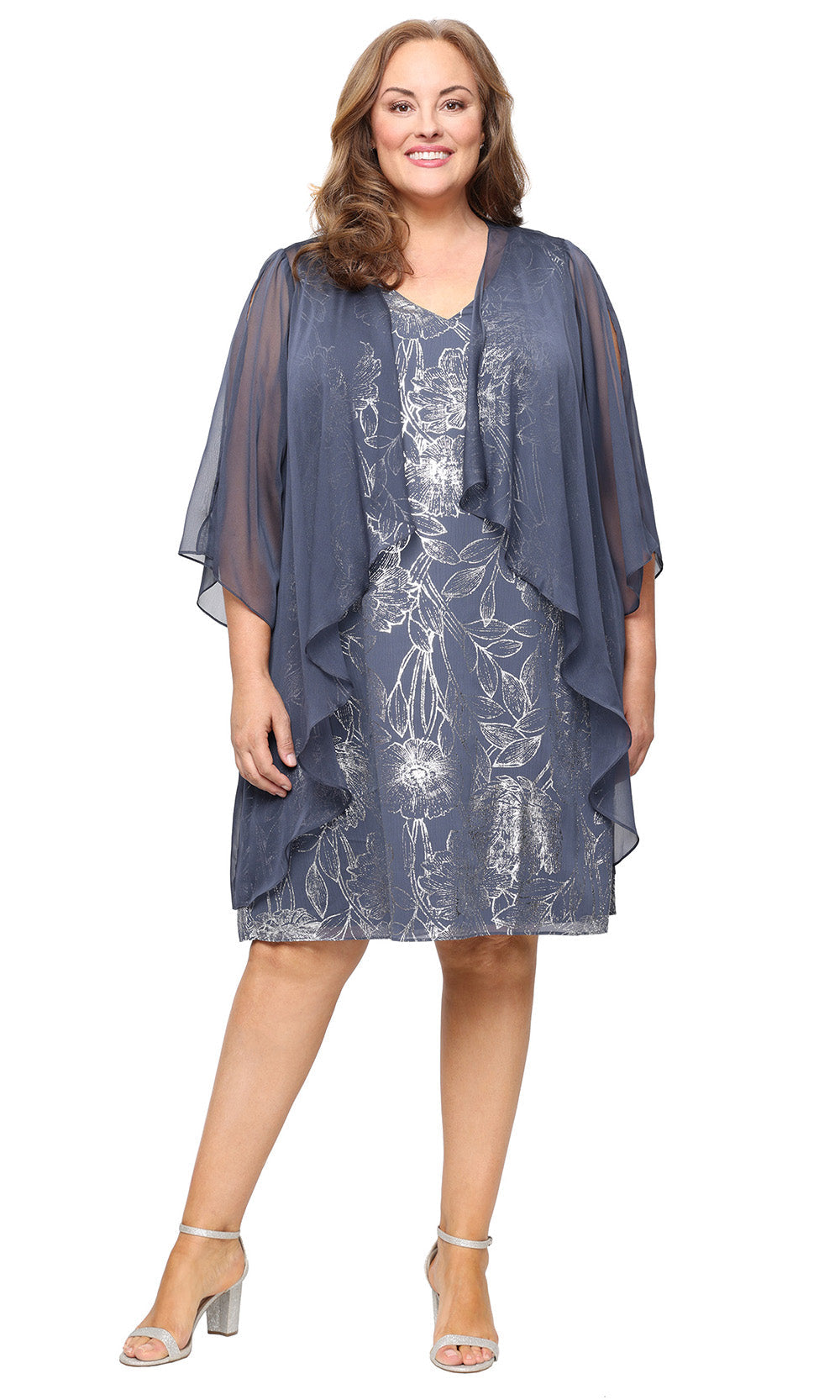SL FASHIONS Women's Metallic Floral Cocktail Shift Dress with Cascade Jacket - Blue