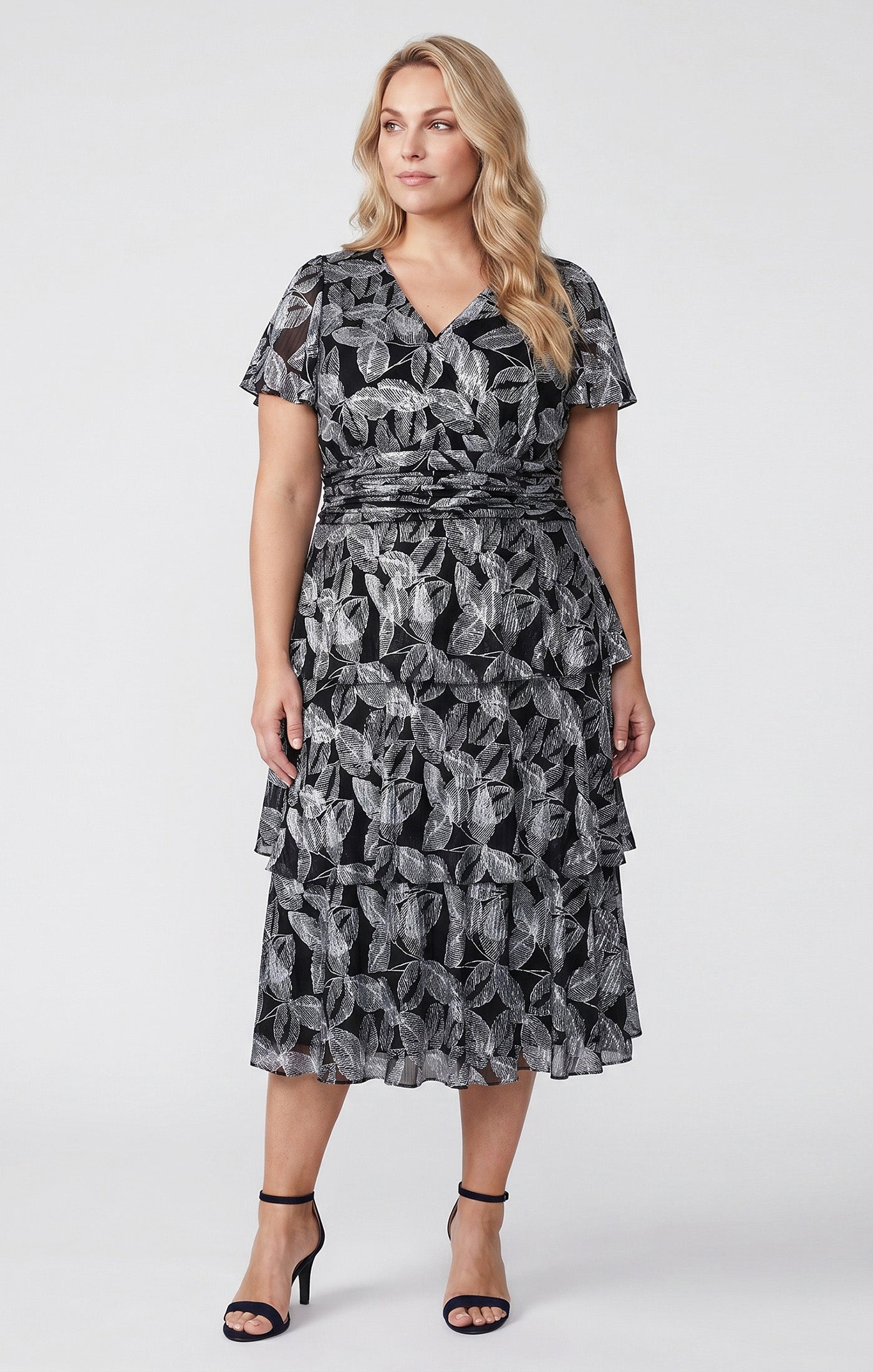 Black Silver SL Fashions 9479541 V-Neck Midi Metallic Cocktail Dress Leaf Print