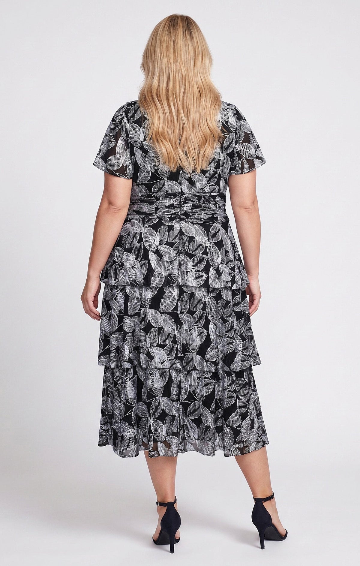Black Silver SL Fashions 9479541 V-Neck Midi Metallic Cocktail Dress Leaf Print