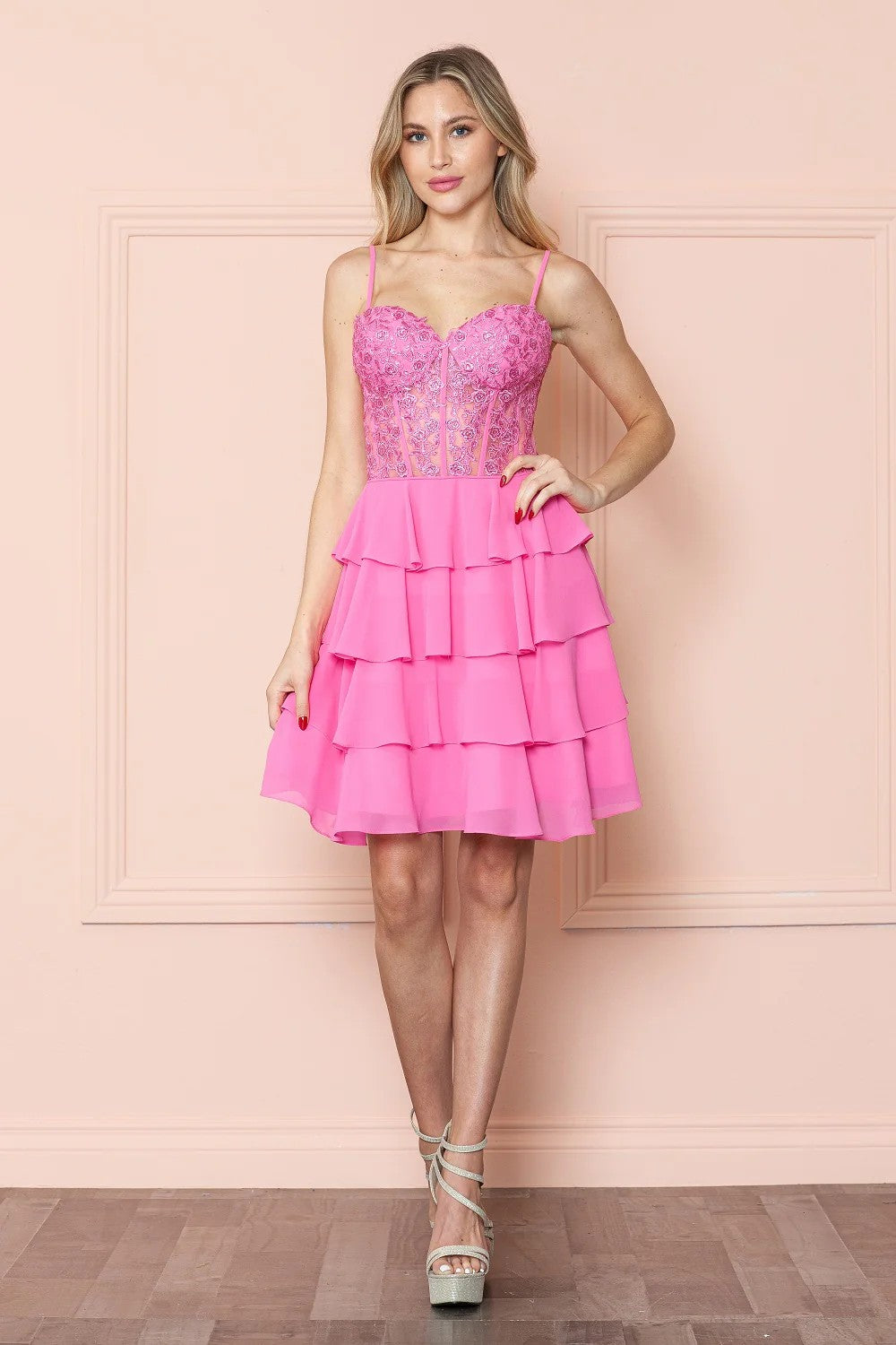 Poly USA 9494 Chiffon Short A-Line Tiered Dress | FormalDressShops Pink / L Poly USA 9494 Chiffon Short A-Line Tiered Dress | FormalDressShops Pink / L
