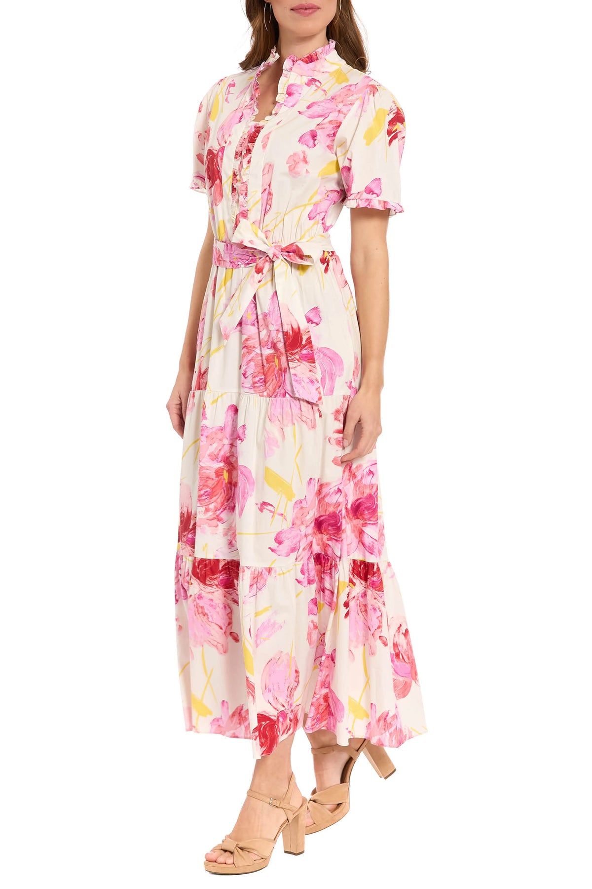 Floral Ruffle Neck Tiered Maxi Dress London Times T10215M