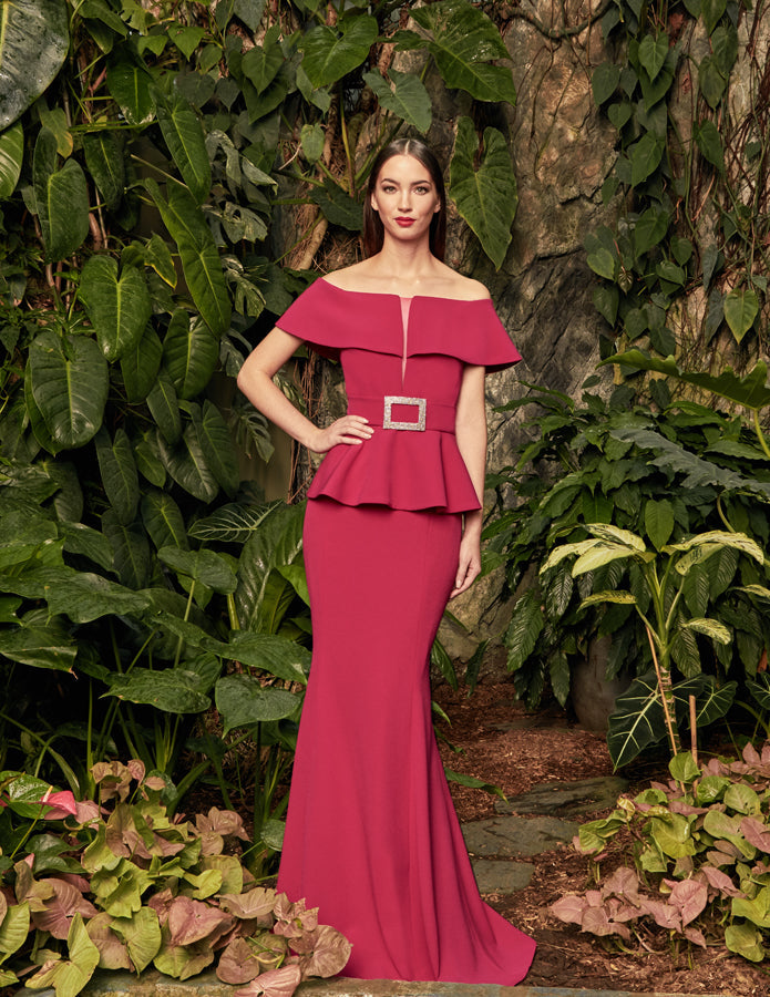 Formal Dresses Formal Long Belted Peplum Evening Dress Cranberry