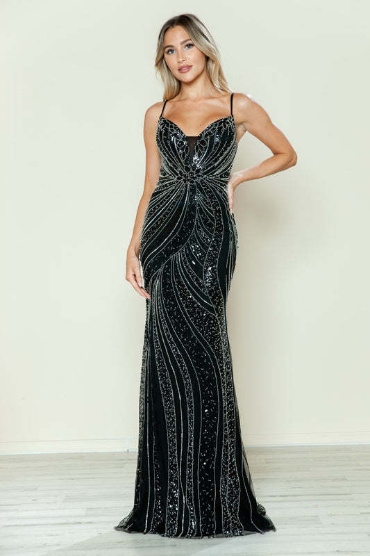 Prom Dresses Long Beaded Formal Fitted Prom Dress Black/Silver