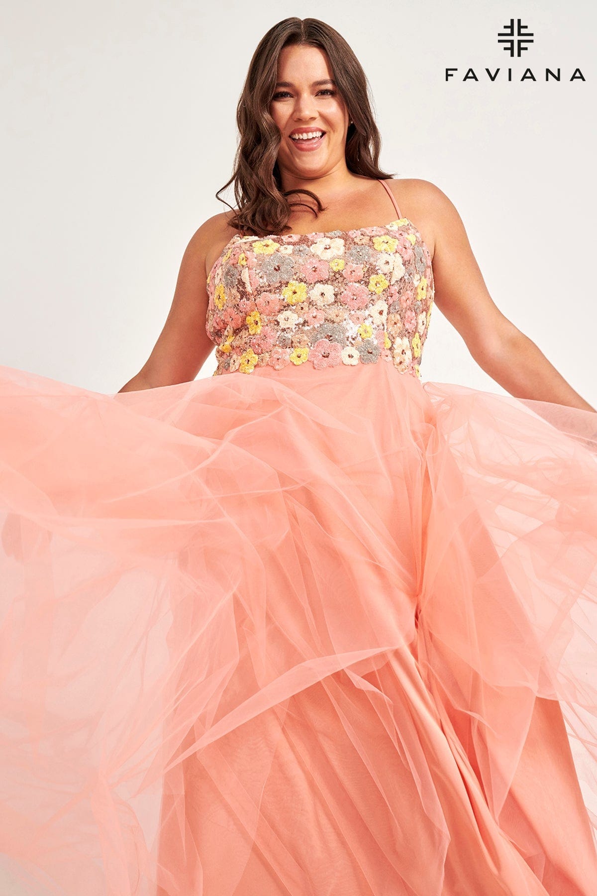 Faviana 9557 Long Formal Sequin Floral Plus Size Prom Dress