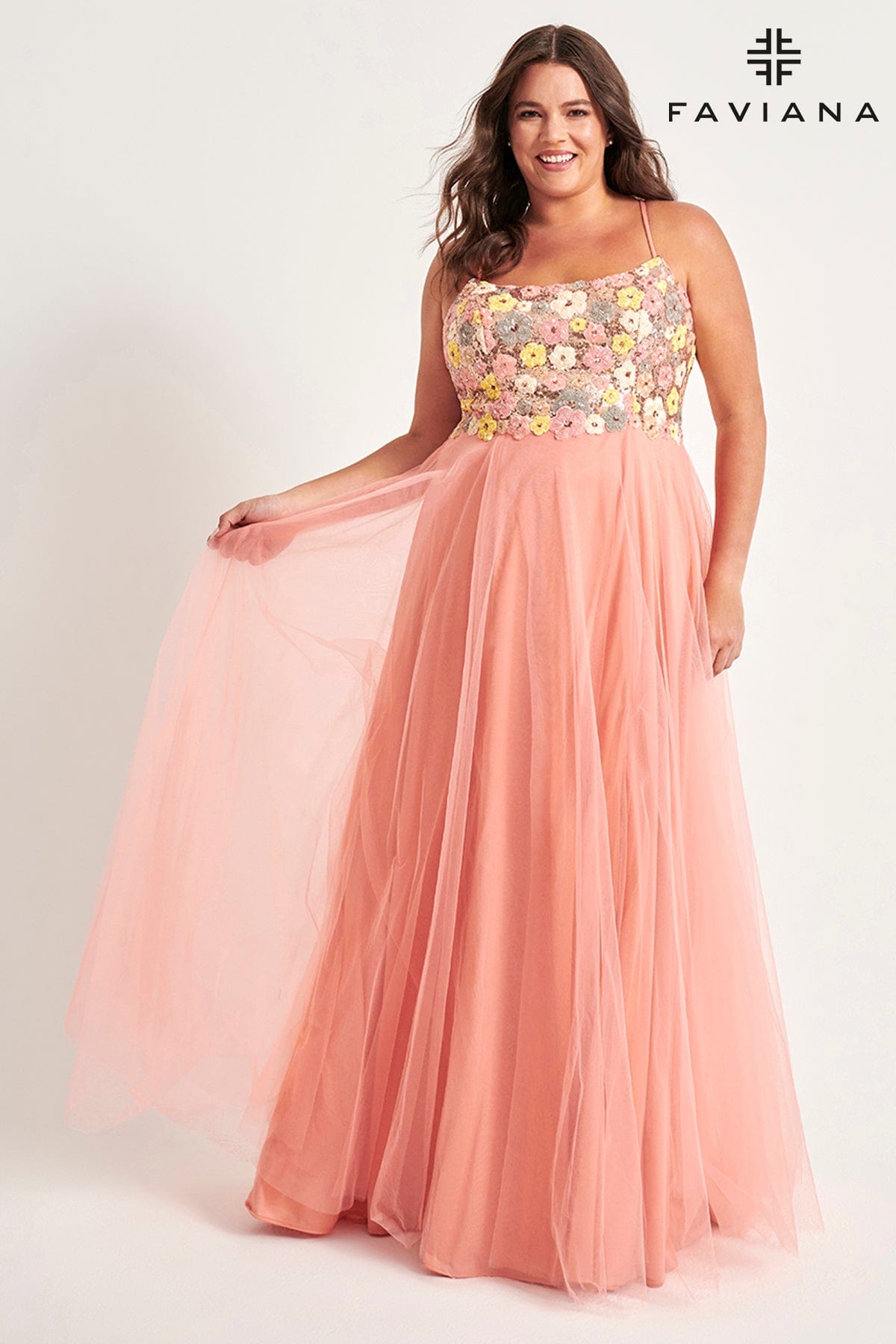 Faviana 9557 Long Formal Sequin Floral Plus Size Prom Dress