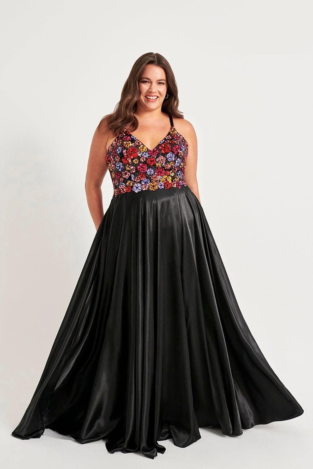Plus Size Formal Dresses Plus Size Long Formal Floral Sequin Prom Dress Black/Multi/Black