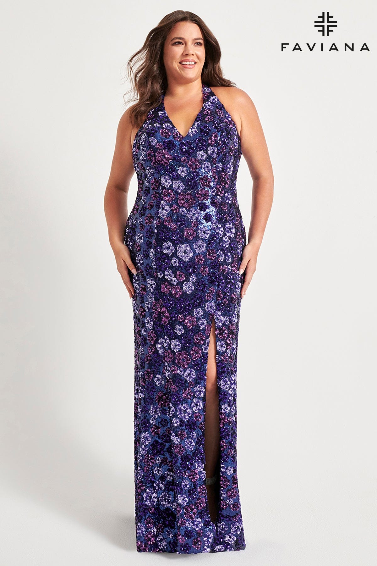 Faviana 9560 Plus Size Long Floral Formal Prom Sequin Dress