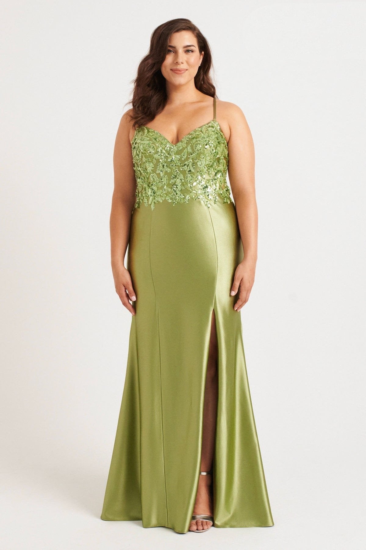 Prom Dresses Long Formal Sequin Applique Plus Size Prom Dress Sage