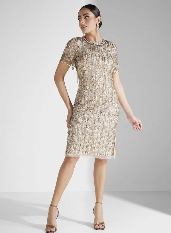 Aidan Mattox Light Gold Beaded Sequin Crew Neck Short Sleeve Dress