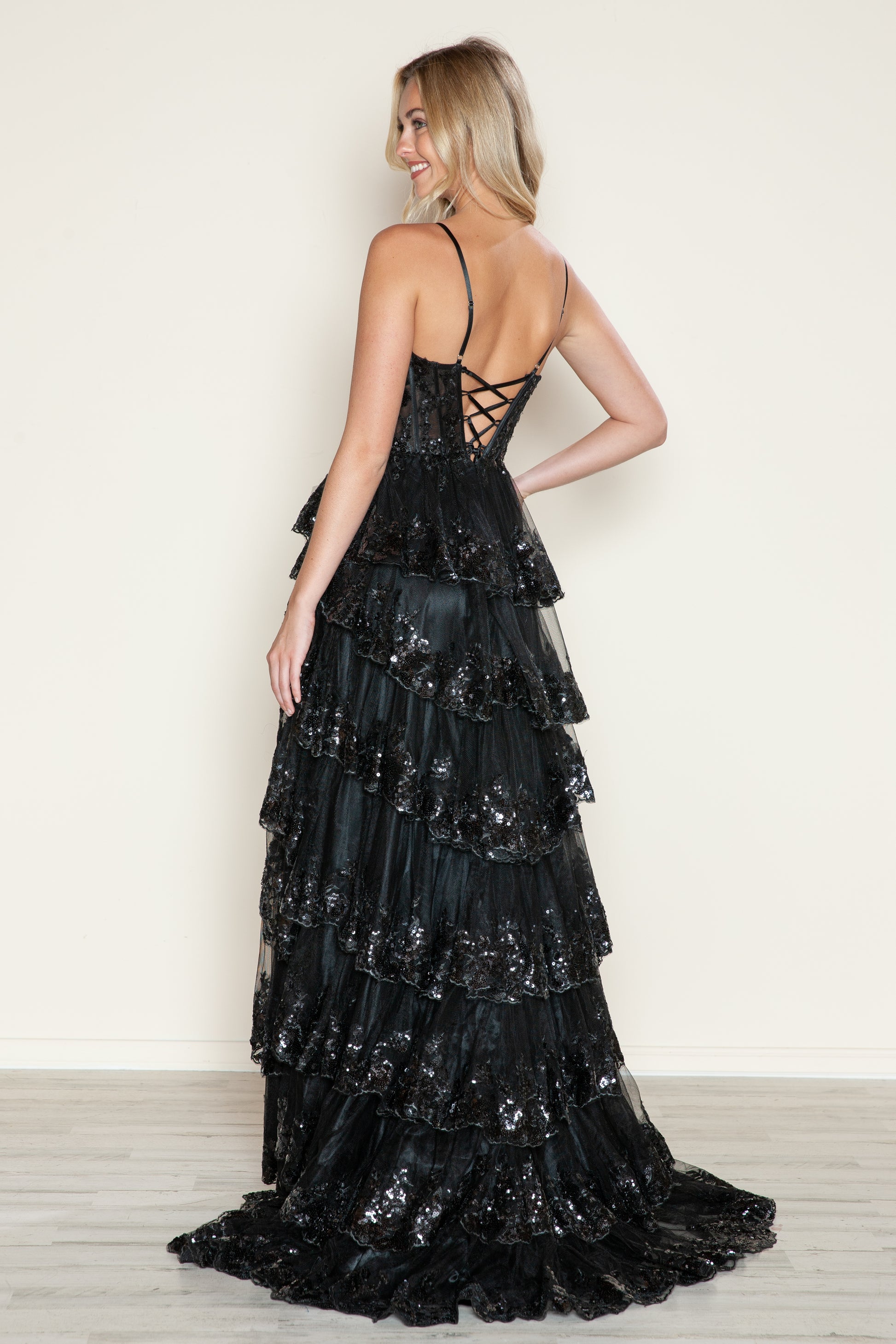 Poly USA 9606 A Line Long Formal Tiered Slit Prom Dress