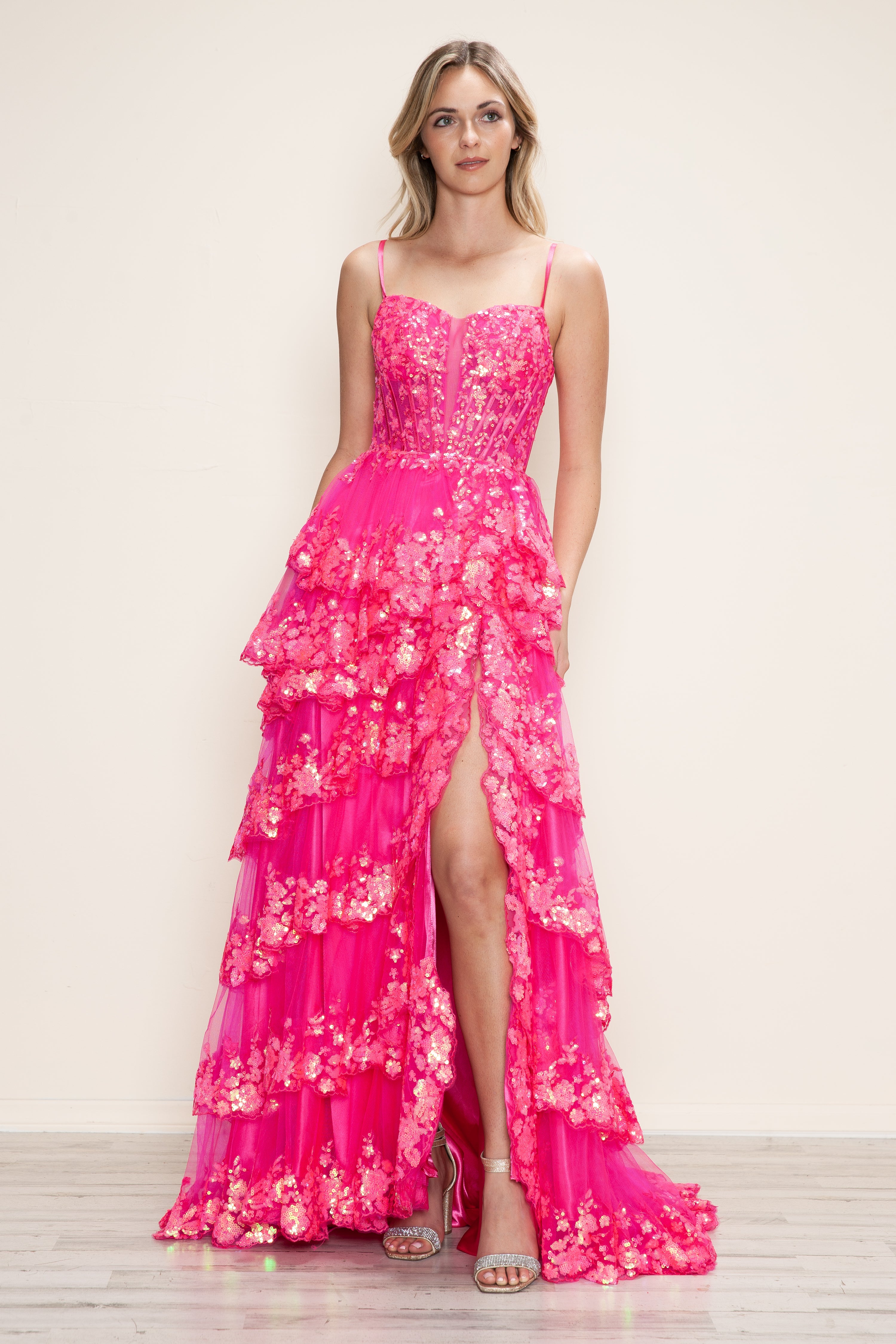 Prom Dresses A Line Long Formal Tiered Slit Prom Dress Hot Pink 
