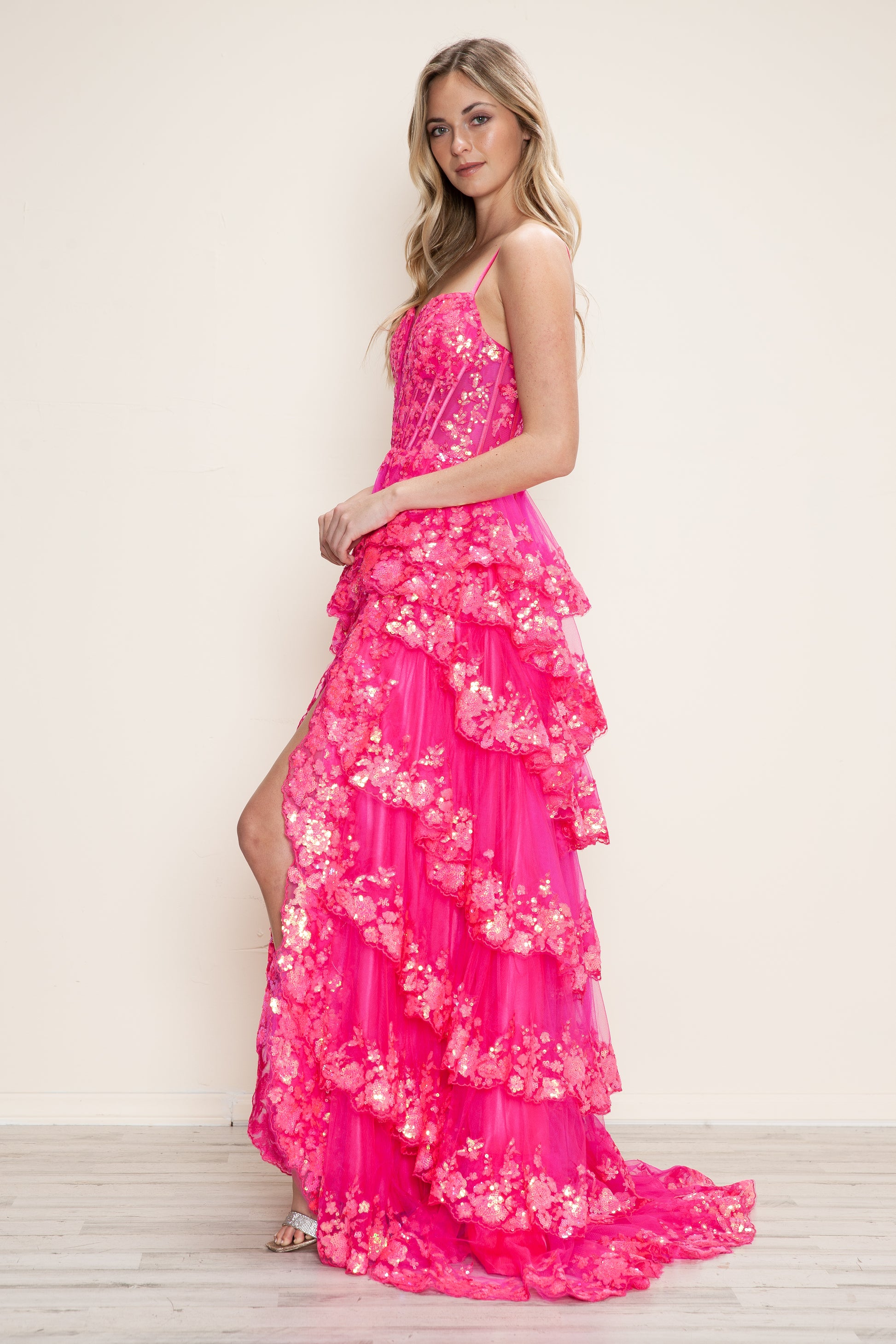 Poly USA 9606 A Line Long Formal Tiered Slit Prom Dress