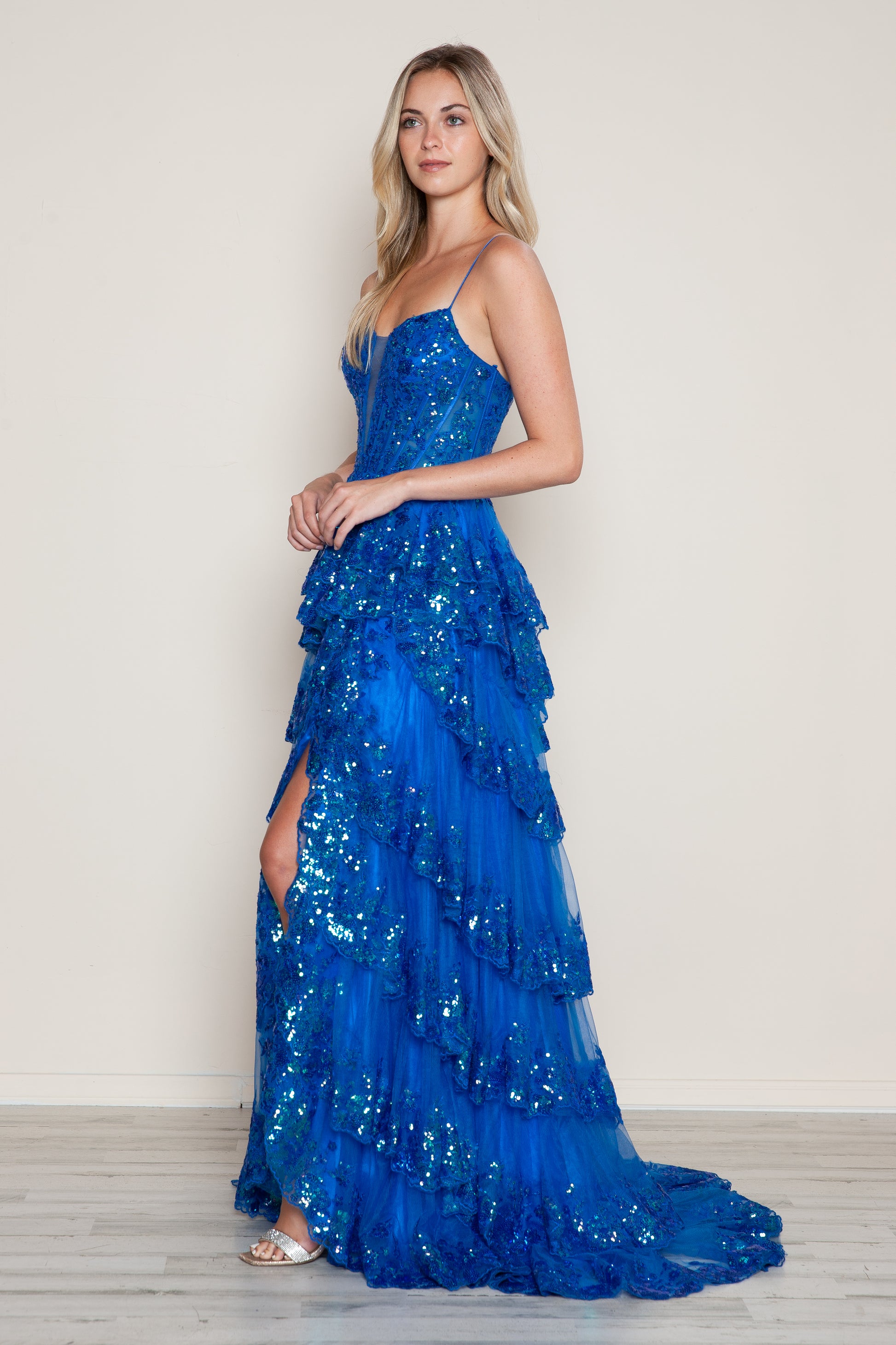 Poly USA 9606 A Line Long Formal Tiered Slit Prom Dress