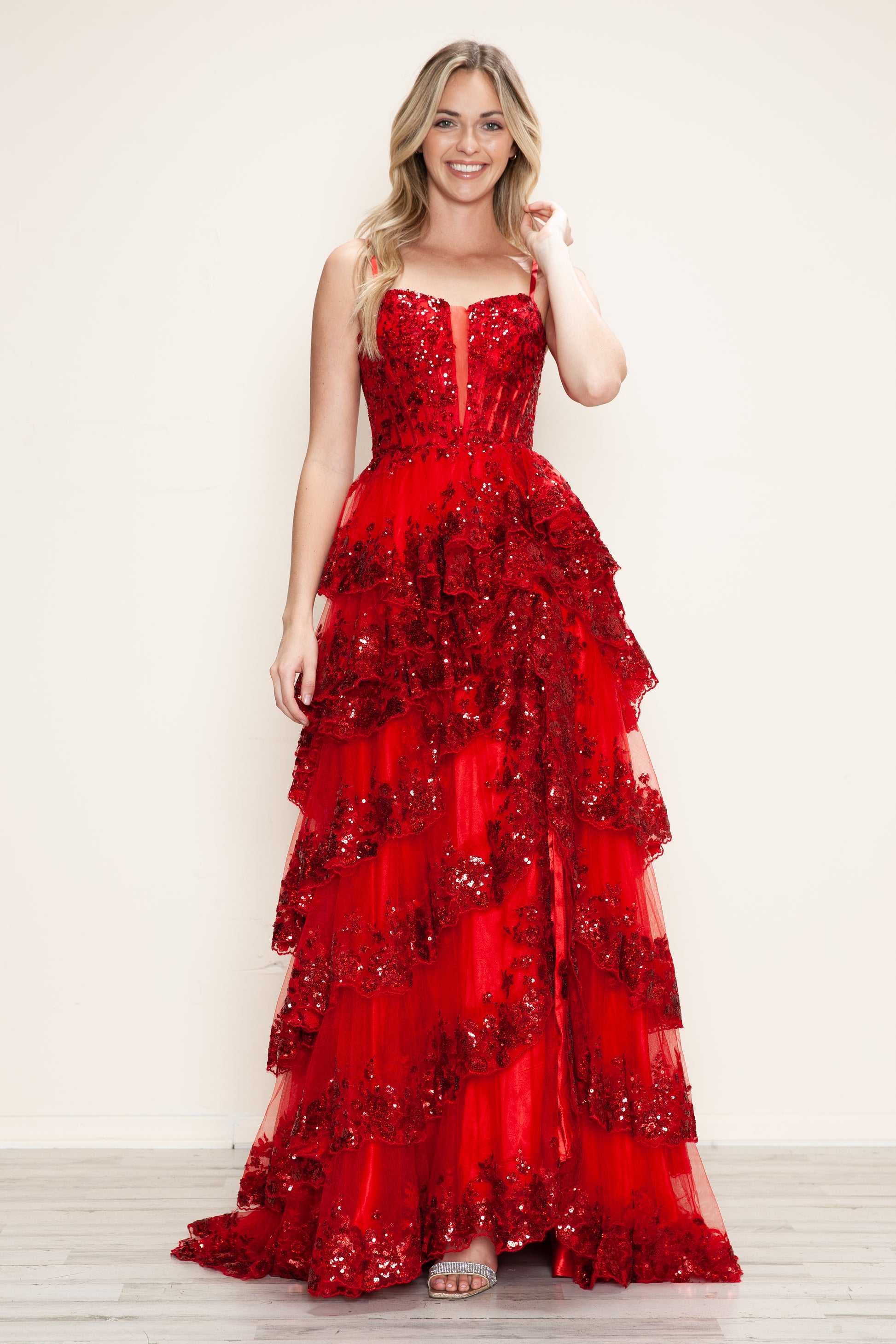 Poly USA 9606 A Line Long Formal Tiered Slit Prom Dress