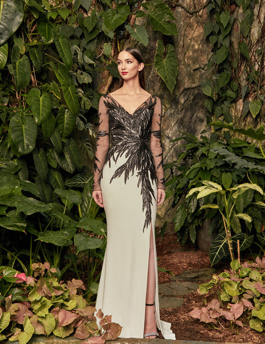 Formal Dresses  Beaded Long Sleeve Formal Applique Evening Dress Soft White/Black